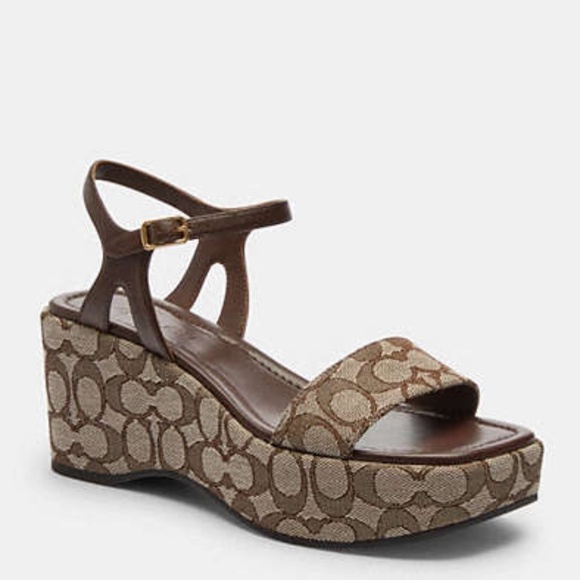New Coach Gale Wedge Sandal In Signature Jacquard- Brown Maple 🍁 - Picture 1 of 5